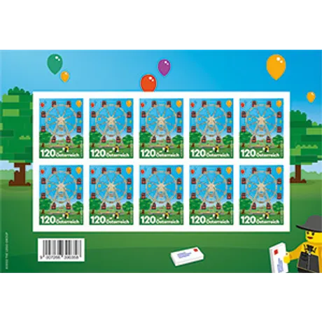 Sheet of Austrian Post stamps 2023, Nominal value 1.20 Euro: LEGO Ferris wheel with colorful balloons and trees.