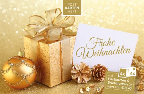 597f1ee33d65d867e8730a514aad148f5f34dbbb.png Goldenes Weihnachtsgeschenk mit Karte 'Frohe Weihnachten', Teil des Postkartenhefts der Österreichischen Post (€3,70).