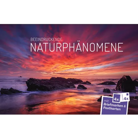Österreichische Post-Werbung: 'Beeindruckende Naturphänomene' mit 4x Briefmarken und Postkarten, Sonnenuntergang über Felsenküste.