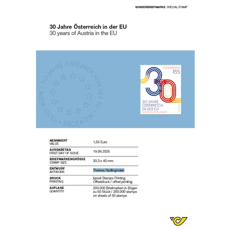 Produktbild mit Briefmarke „30 Jahre Österreich in der EU“ in Blau, Rot und Gelb mit EU-Sternen. Nominale 155, Österreich, Jahr 2025. Produktbild mit Briefmarke „30 Jahre Österreich in der EU“ in Blau, Rot und Gelb mit EU-Sternen. Nominale 155, Österreich, Jahr 2025.