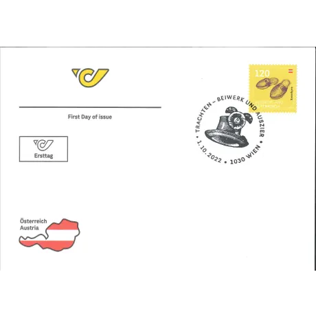 First Day Cover with Austrian Post logo, stamp 'Austria 2022, 1.20 Euro: Ausseerland clogs,' and special postmark.
