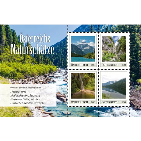 Stamps with nature motifs: Plansee, Kitzlochklamm, Finsterbach Waterfalls, Lake Lunz. Nominal 100, Austria, year 2023.