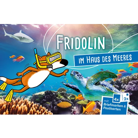 Illustration: Fridolin der Fuchs schnorchelt mit einer Meeresschildkröte, wirbt für Briefmarken und Postkarten der Österreichischen Post.