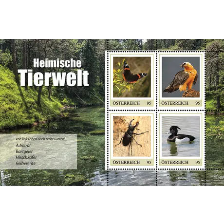 124666_06_ME4_Tiere_MB02 Austrian Post stamp sheet 2023, Nominal value 0.95 Euro each: Native wildlife featuring Admiral butterfly, Bearded vulture, Stag beetle, and Tufted duck.