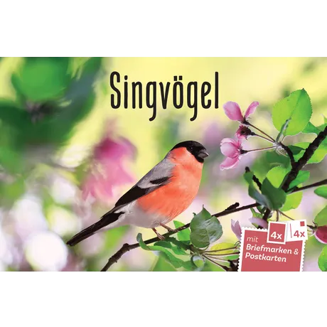 Austrian Post product featuring a bullfinch on a branch with blossoms, titled 'Songbirds,' includes stamps and postcards.