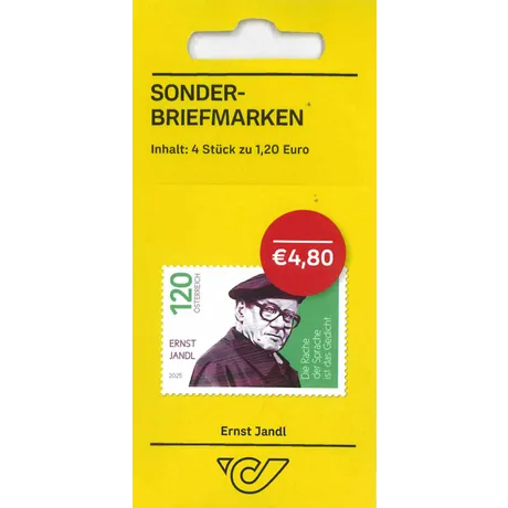 Yellow packaging design for Special Stamp Set 4 containing four stamps, each valued at €1.20. Total price: €4.80. The featured stamp shows Ernst Jandl with the text “120 ÖSTERREICH,” “ERNST JANDL,” “2025,” and the quote “Die Rache der Sprache ist das Gedicht. Yellow packaging design for Special Stamp Set 4 containing four stamps, each valued at €1.20. Total price: €4.80. The featured stamp shows Ernst Jandl with the text “120 ÖSTERREICH,” “ERNST JANDL,” “2025,” and the quote “Die Rache der Sprache ist das Gedicht.