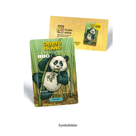Crypto stamp with panda and bamboo, text BAMBU. Nominal 990, Austria, year 2025. Crypto stamp with panda and bamboo, text BAMBU. Nominal 990, Austria, year 2025.