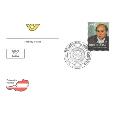 FDC_150. Geburtstag Arnold Schönberg_0924 First day cover with Austrian Post stamp 'Austria 2024, 1.50 Euro: Arnold Schönberg, 150th Birthday' and special postmark.