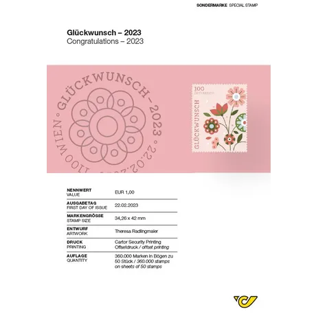 ABH_GLÜCKWUNSCHMARKE2023 Briefmarke Österreich 2023, Nominale 1,00 €: Thema 'Glückwunsch' mit Blumenmotiv auf rosa Hintergrund.