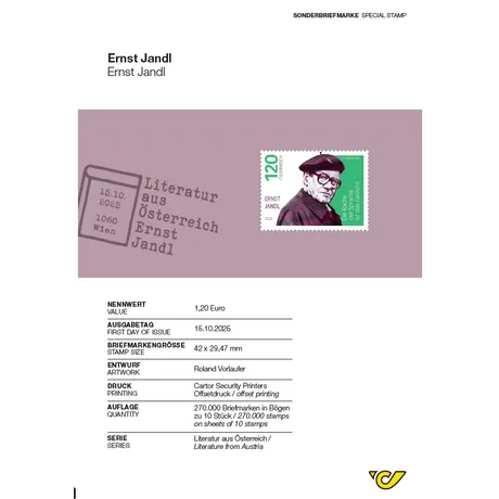 „Ernst Jandl“ mit dem Nennwert „120 ÖSTERREICH“. Links unten steht „2025“, rechts oben „R. VORLÄUFER“. In der Mitte ist das Porträt unscharf dargestellt. Rechts daneben befindet sich das Zitat: „Die Rache der Sprache ist das Gedicht