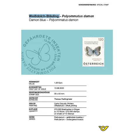 Weißdolch-Bläuling – Polyommatus damon Austrian Post stamp 2025, €1.20: Damon blue butterfly, part of 'Endangered Insects' series, light blue background.