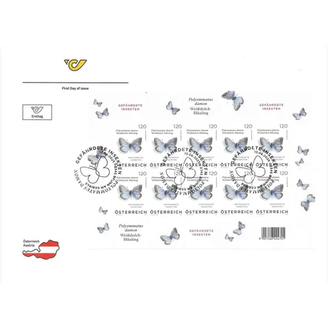 sdsac Austrian Post stamp sheet 2023, €1.20: 'Endangered Insects' featuring the Damon Blue butterfly, first day issue.