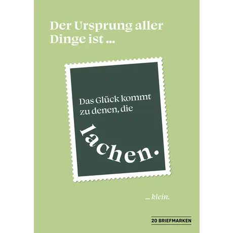 Design der Österreichischen Post mit einer Briefmarke: 'Das Glück kommt zu denen, die lachen' auf grünem Hintergrund.