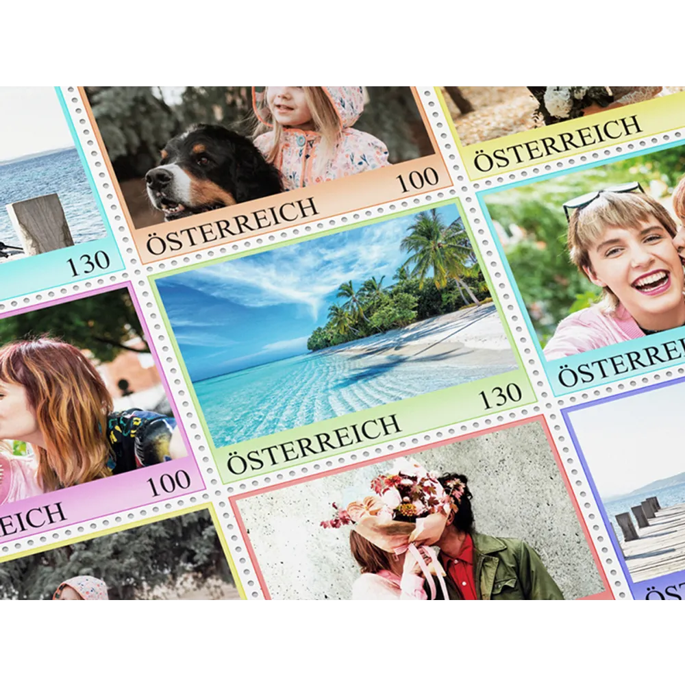“Collection of Austrian postage stamps featuring various colorful motifs such as landscapes, people, and animals.