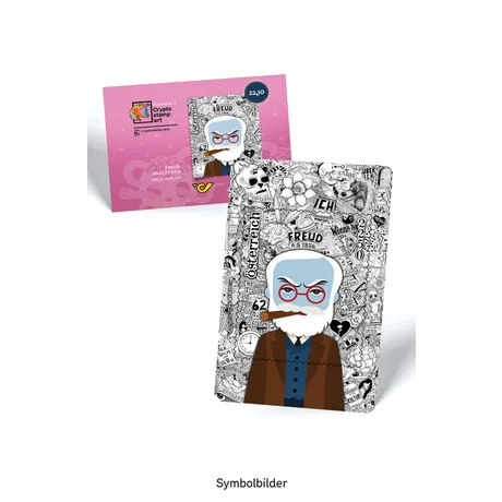 Künstlerisch gestaltete Crypto stamp art Hackatao Freud Analytiker mit stilisiertem Porträt vor detailreichem schwarz‑weißem Illustrationsdesign, mit passender Verpackung