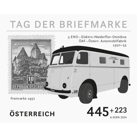 Briefmarke Österreich 2024: 5 ENO Elektrobus und Freimarke 1957 mit Burg Heidenreichstein, 'Tag der Briefmarke'.