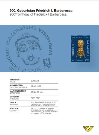 Austrian Post stamp 2022, €2.75: 900th birthday of Frederick I Barbarossa, featuring a golden bust on a blue background.