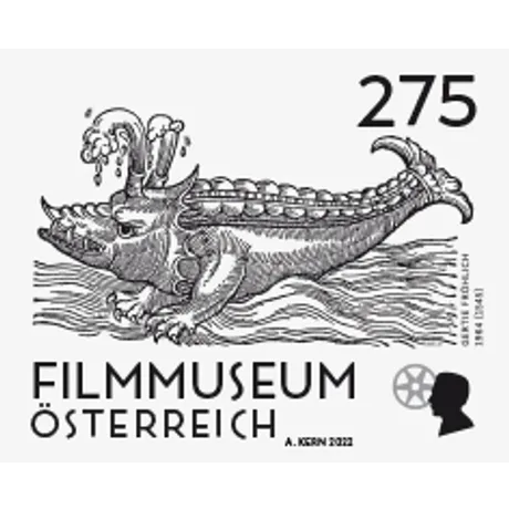 716ec3351aa286daca7c0e1850e978e61c01522a.jpg Briefmarke Österreich 2022, Nominale 2,75 Euro: Filmmuseum Österreich mit Illustration eines mythischen Seeungeheuers.