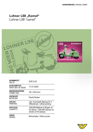 Austrian Post stamp 2024, €2.50: Lohner L98 'Camel' scooter on pink background, part of 'Motorcycles' series.