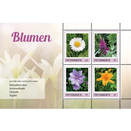 Briefmarken Österreich 2023 'Blumen', Nominale 0,85€: Gänseblümchen, Sommerflieder, Clematis, Taglilie.