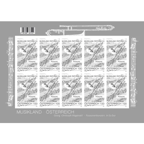 0749c07704a6bfdd06fc0ddd2580ec25d3cb1db4.jpg Ein Bogen Briefmarken Österreich 2022, 'Musikland Österreich,' Nominale 1,00 €, mit Posaune und Notenmotiv.