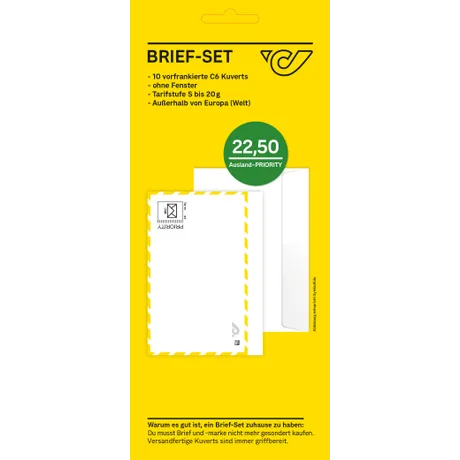 Brief-Set mit 10 vorfrankierten Kuverts für weltweiten Versand, €22,50 PRIORITY.