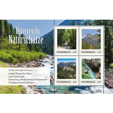125664_April_ME4_Naturschaetze_MB1_fW_shop Briefmarken Österreich 2023, Nominale 1,00 €: Lainzer Tiergarten, Loser, Semmering, Tscheppaschlucht, Naturschätze Österreichs.