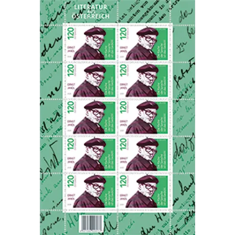 Kleinbogen mit zehn Briefmarken zu je 120 Cent, jeweils mit dem Porträt des österreichischen Dichters Ernst Jandl. Die Briefmarken zeigen ihn mit Brille und Barett. Der Hintergrund des Bogens ist grün mit schwarzer Handschrift. Oben steht „LITERATUR ÖSTERREICH Kleinbogen mit zehn Briefmarken zu je 120 Cent, jeweils mit dem Porträt des österreichischen Dichters Ernst Jandl. Die Briefmarken zeigen ihn mit Brille und Barett. Der Hintergrund des Bogens ist grün mit schwarzer Handschrift. Oben steht „LITERATUR ÖSTERREICH