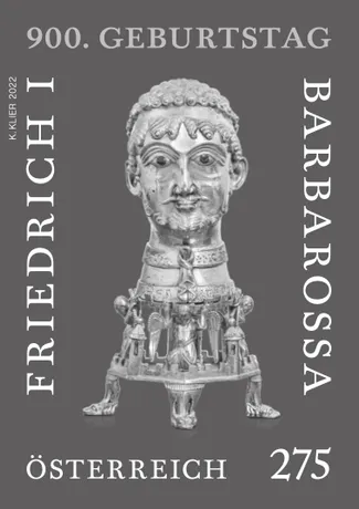 Austrian stamp 2022, nominal value 2.75 euros: 900th birthday of Friedrich I Barbarossa, silver bust on gray background.