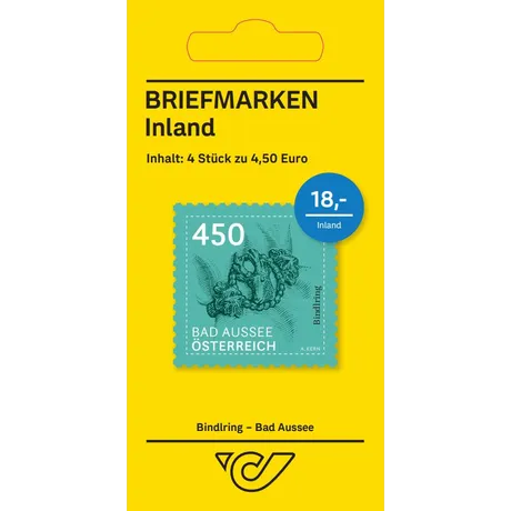 b2d98ce3b63d8d097850ffcdec76b95185fa780e.jpg Austrian Post stamp set 'Bindling - Bad Aussee', 4 stamps at €4.50 each, total €18, on yellow packaging.