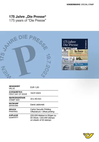 Austrian Post stamp 2023, €1.00: '175 years of Die Presse' with newspaper collage and blue background.