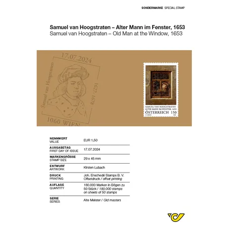 Austrian stamp 2024, €1.50: 'Old Man at the Window' by Samuel van Hoogstraten, part of the 'Old Masters' series.