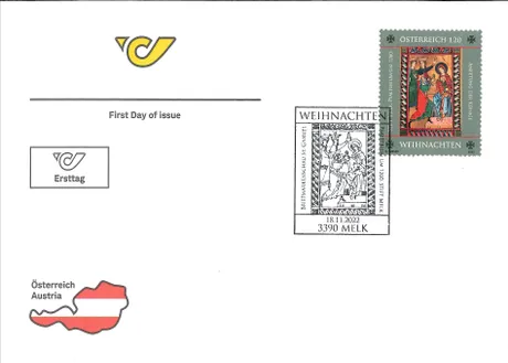 First day cover with Austrian Post stamp 'Austria 2022, Nominal 1.20 Euro: Adoration of the Magi' and Melk postmark.