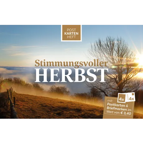 d90cd925f9e885065662dfcc239b12c0bfe5d4ed.png Postkartenheft der Österreichischen Post 'Stimmungsvoller Herbst' mit 4 Postkarten und Briefmarken im Wert von €3,40.
