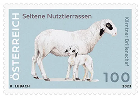 Austrian stamp 2023, nominal value 1.00 Euro: Carinthian Spectacled Sheep, rare livestock breeds series.