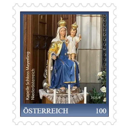 Stamp with statue of Virgin Mary and baby Jesus in Chapel Schloss Mayerling. Three candles, flowers. Nominal 100, Austria, year 2023.