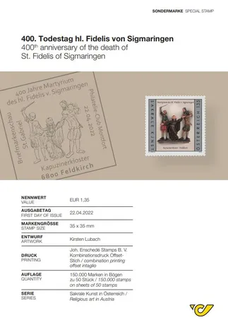 f4b1c4dbf77dcfb4bd1140c7785b4578f40fc571.jpg Briefmarke Österreich 2022, Nominale 1,35 €: 400. Todestag des hl. Fidelis von Sigmaringen, Thema Sakrale Kunst.