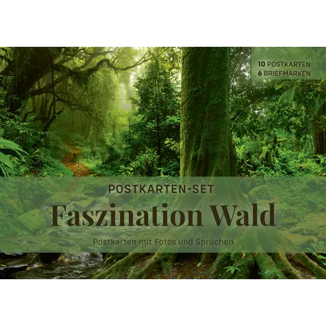 Austrian Post postcard set 'Fascination Forest' with 10 postcards and 6 stamps, featuring forest photos and quotes.