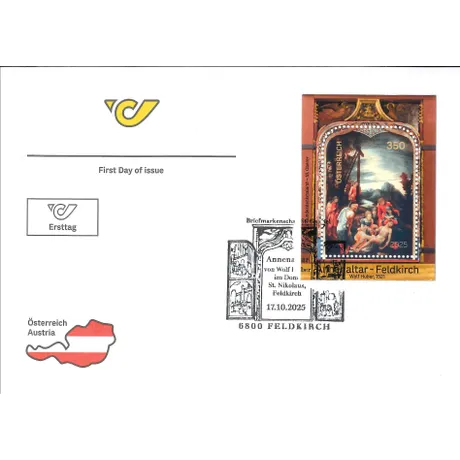 Ersttagsbrief zur Sondermarke „Annenaltar von Wolf Huber, Dom St. Nikolaus, Feldkirch“ mit Briefmarke zu 3,50 Euro, Sonderstempel aus Feldkirch vom 17.10.2025 und grafischen Elementen wie Österreich-Karte und Post-Logo. Ersttagsbrief zur Sondermarke „Annenaltar von Wolf Huber, Dom St. Nikolaus, Feldkirch“ mit Briefmarke zu 3,50 Euro, Sonderstempel aus Feldkirch vom 17.10.2025 und grafischen Elementen wie Österreich-Karte und Post-Logo.