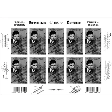 ce6b1df78fa926585f8ba24595789cdca5c3dc11.jpg Briefmarkenbogen der Österreichischen Post 2022, Nominale 1,00 €, zu Ehren von Gustav Tauscheks Trommelspeicher-Erfindung mit technischen Zeichnungen.