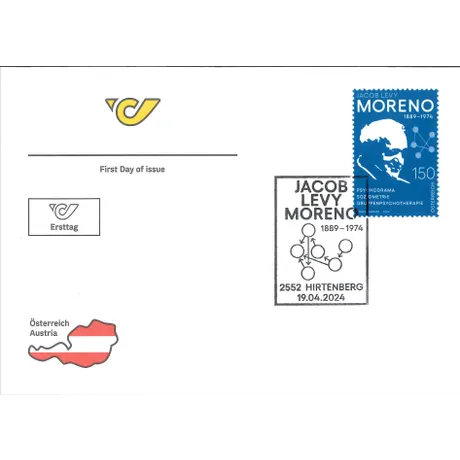 First day cover with Austrian Post stamp 'Austria 2024, Nominal 1.50 Euro: Jacob Levy Moreno' and Hirtenberg postmark.