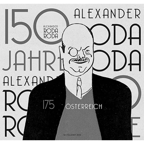 Briefmarke Österreich 2022, Nominale 1,75 Euro: 150 Jahre Alexander Roda Roda, schwarz-weißes Porträtdesign.