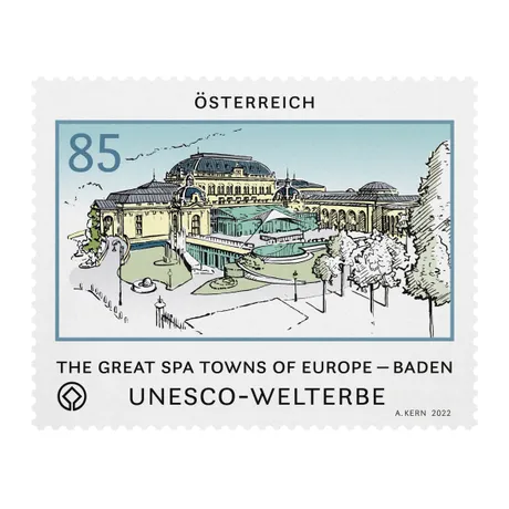 Austrian stamp 2022, nominal value 0.85 euros: UNESCO World Heritage, Baden spa town illustration.