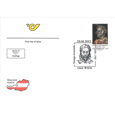 3e2418a478a255df3469d5c6709256d08f8983a4.jpg Ersttagsbrief mit Briefmarke Österreich 2022, Nominale 2,10 €: Giuseppe Arcimboldos 'Wasser, 1566' und Sonderstempel.