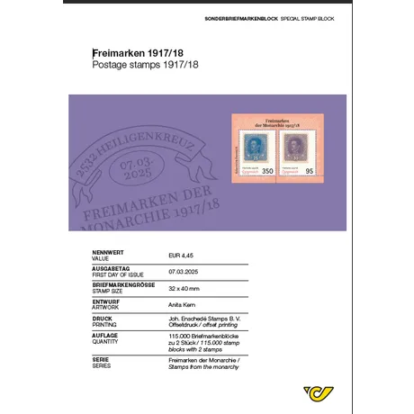 ABH_FREIMARKEN_0325_0524_2_Frei. Sonderbriefmarkenblock der Österreichischen Post 'Freimarken 1917/18' mit zwei Marken, Gesamtwert €4,45, Ausgabe 07.03.2025.