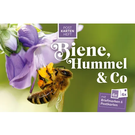 43665fd4ae7633fdb4429e52cb701a1995fcda22.jpg Austrian Post postcard booklet 'Bee, Bumblebee & Co.' with 6 stamps and 6 postcards, featuring a bee on a flower.