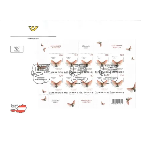 Austrian Post stamp sheet 2023, €1.20: Endangered insects, featuring Eriogaster catax moth, first day issue Innsbruck.