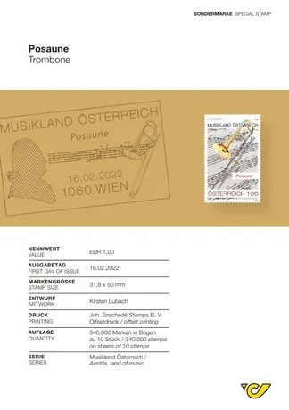 Austrian Post stamp 2022, €1.00: Trombone design from 'Austria, land of music' series, issued 16.02.2022.
