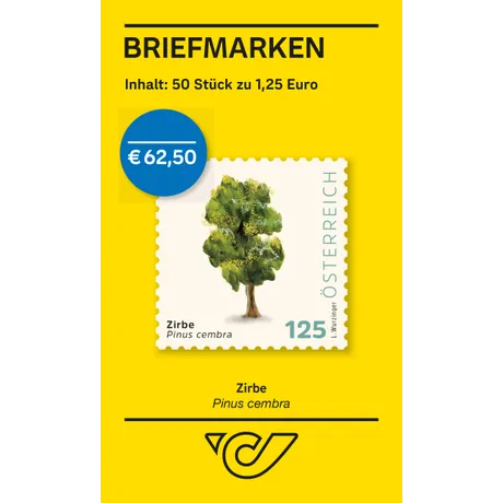 Gelbes Display der Österreichischen Post mit 50 Briefmarken zu 1,25 Euro. Gezeigt wird die Zirbe (Pinus cembra) mit grüner Nadelkrone, „ÖSTERREICH“ und Posthorn-Logo sichtbar.