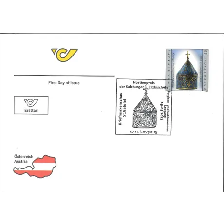 85b9312438659a6c8a1f075110bd21597e30bc79.jpg First Day Cover with Austrian Post stamp 2023, €1.50: Hostienpyxis of Salzburg Archdiocese, sacred art theme.